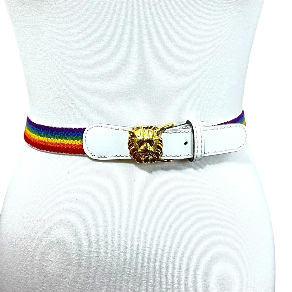 Vintage Anne Klein Rainbow Stretch Belt Gold Lion Head Buckle Y2K Retro Small